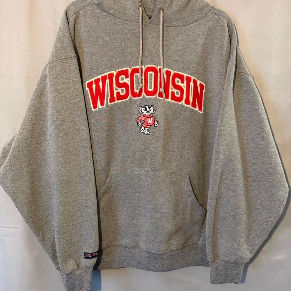 Vintage Jansport Men's Grey Wisconsin Hoodie